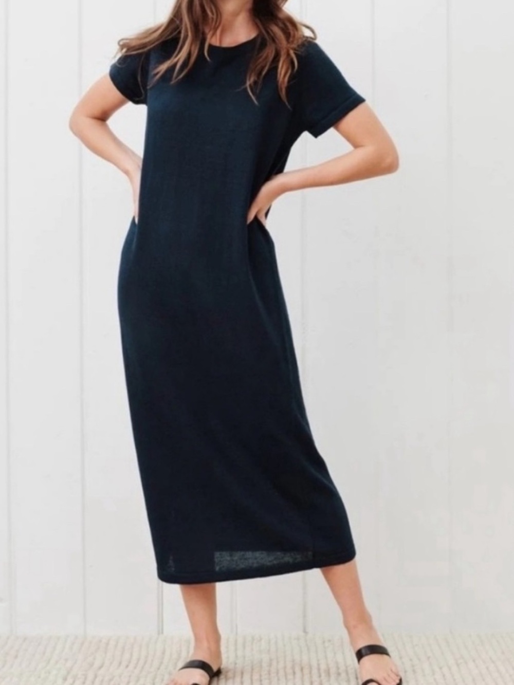 Jenni Kayne Linen Everyday T-Shirt Midi Dress Sz Large Navy Blue